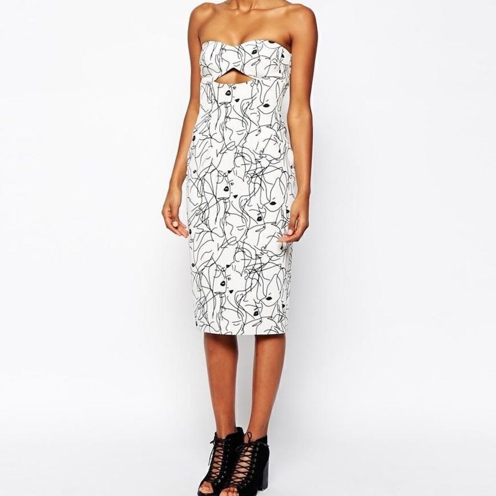 Nwt Shakuhachi White + Black Abstract Faces Print Bustier Cutout Dress Size S